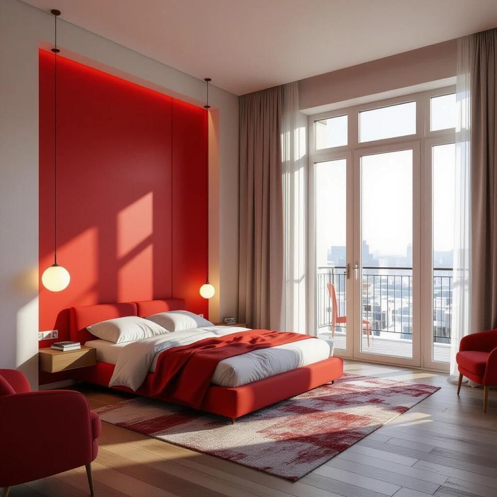 Interior of a modern bedroom with striking red walls. The room features a red bed and furniture. A cozy atmosphere is created by natural light filling the space from the balcony. Floor is wooden with a decorative rug.