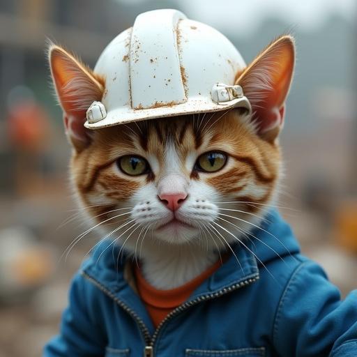 Semi-realistic cat wearing a white hard hat and blue work jacket. Sweat on forehead. Head tilted slightly. One ear drooping. Construction background. Slightly hunched posture.