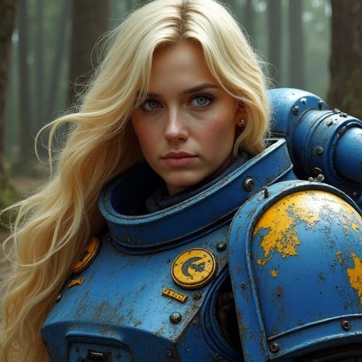Woman in Space Marine armor. Long platinum blonde hair. Serious expression. Wearing blue energy armor with yellow/golden shoulder pads. Worn textured armor. Holding a chainsword or energy sword. Dark forest background. Realistic digital painting with cinematic feel.