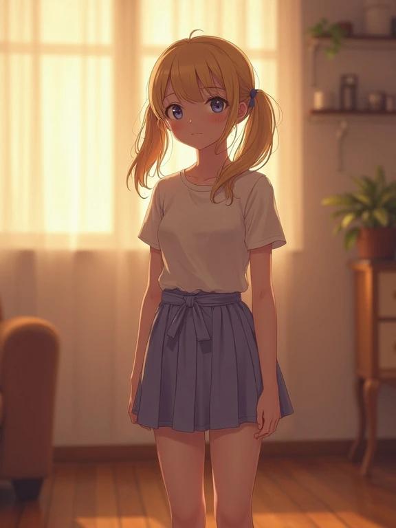 An illustration of a girl in a casual outfit. She has blonde hair styled in twin tails and wears a simple t-shirt with a skirt. The setting is a cozy living room. Sunlight streams in from a window.