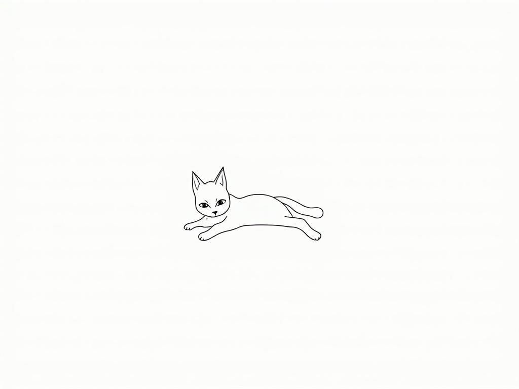 A simple black outline drawing of a white cat. The cat is lying down with its paws outstretched. Its ears are perked up, and it has large, expressive eyes. The outline captures the cat's fluffy body and the details of its paws. The drawing emphasizes the cat's serene pose and features.