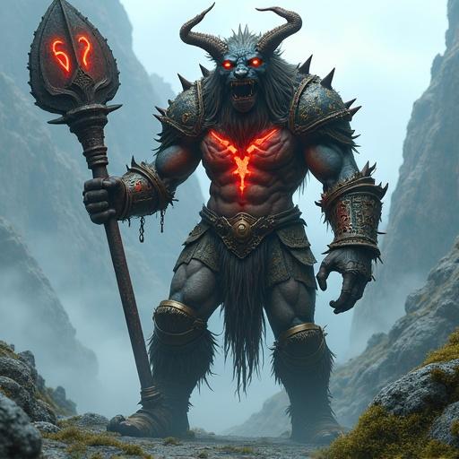 Design of mythological Persian giant called Arzhang the Mountain Fiend. A towering humanoid with rocky skin, glowing red runes, massive iron club with bones. Head resembles lion with ram horns, inner blue fire in eyes. Wears ancient Persian armor, overgrown with moss and vines. Set in misty mountain battlefield. Style is epic fantasy reminiscent of Kemet miniatures.