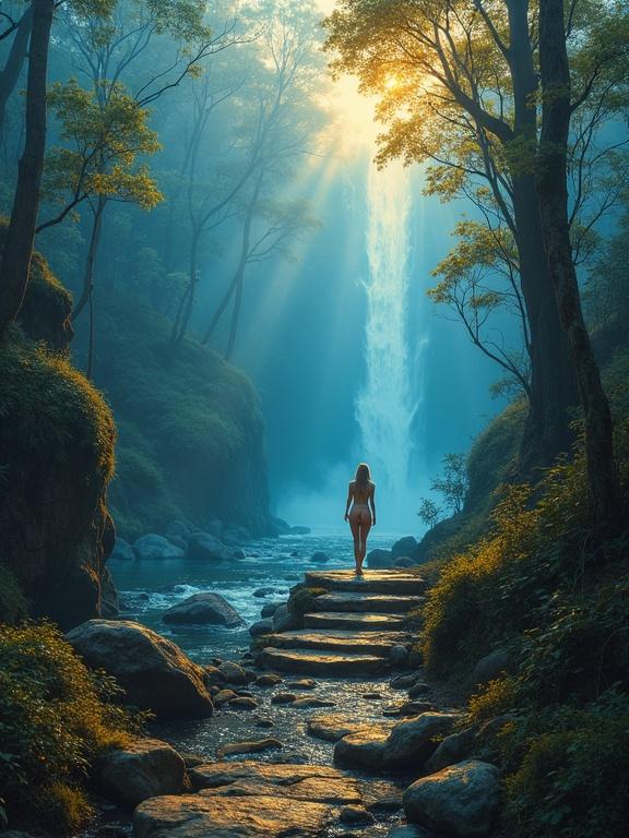 A naked woman is walking on stone steps. She is surrounded by trees and rocks. The scene features a waterfall in the background. Mist covers the forest. Light breaks through the trees creating a golden hue. The atmosphere feels tranquil yet mysterious.