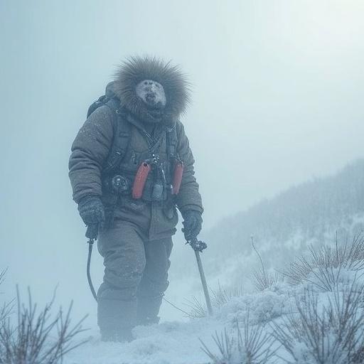 Person in survival gear faces a whiteout in a snowy environment with visibility challenges