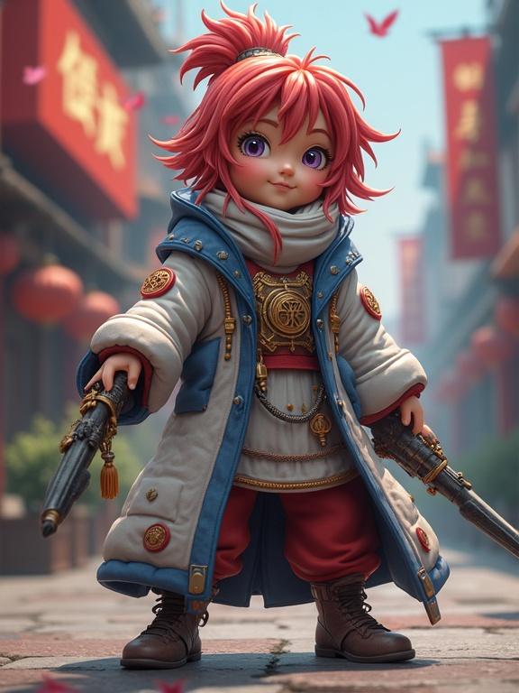 Character dressed in colorful attire stands confidently in a bustling street. Culturally inspired elements like lanterns appear in the background. The character features a lively expression, emphasizing a balance of action and energy. Clearly visible from head to toe, showcasing intricate costume details.