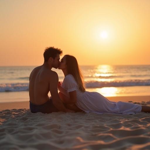 Couple kissing on the beach while enjoying the sunset. They are sitting on the sand, relaxed and intimate.
