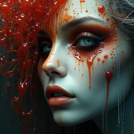 A wax face with intense colors melting and dripping. Look conveys beauty and distortion. Makeup features vibrant deep colors. Artistic style combines elements of horror and beauty.