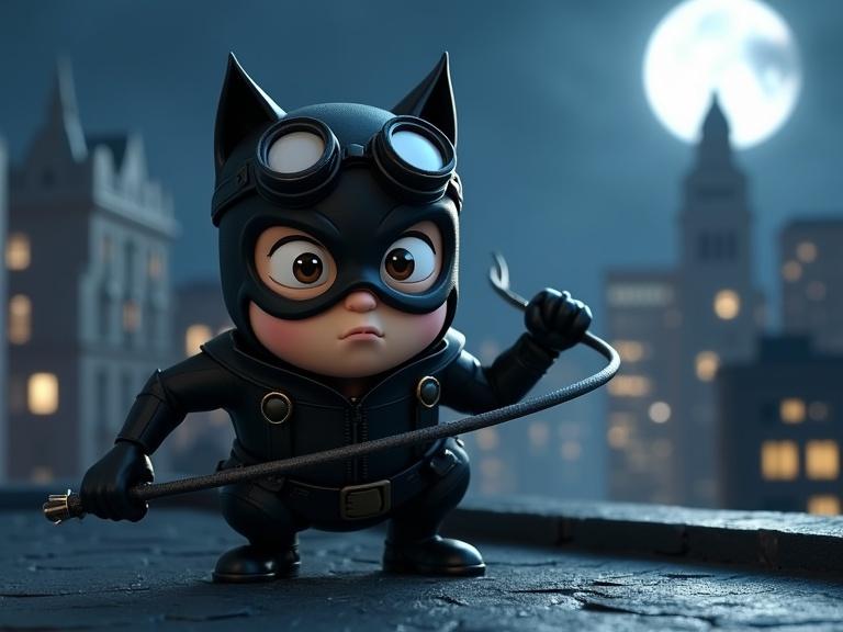 A sneaky character in a black leather suit and goggles. Character is in a crouching position on a city rooftop. Holding a whip. Night scene with moonlight. Designed in a 3D cartoon style.