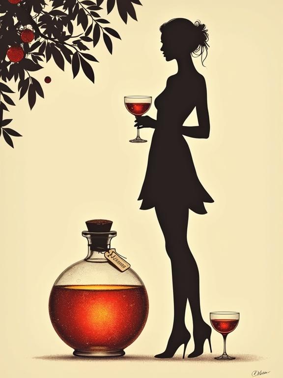 Minimalist screen printing artwork depicting a silhouette of a woman in a sun-dress holding a cocktail glass. An apothecary bottle filled with a glowing elixir rests nearby. The background is beige, creating a mysterious and elegant mood.
