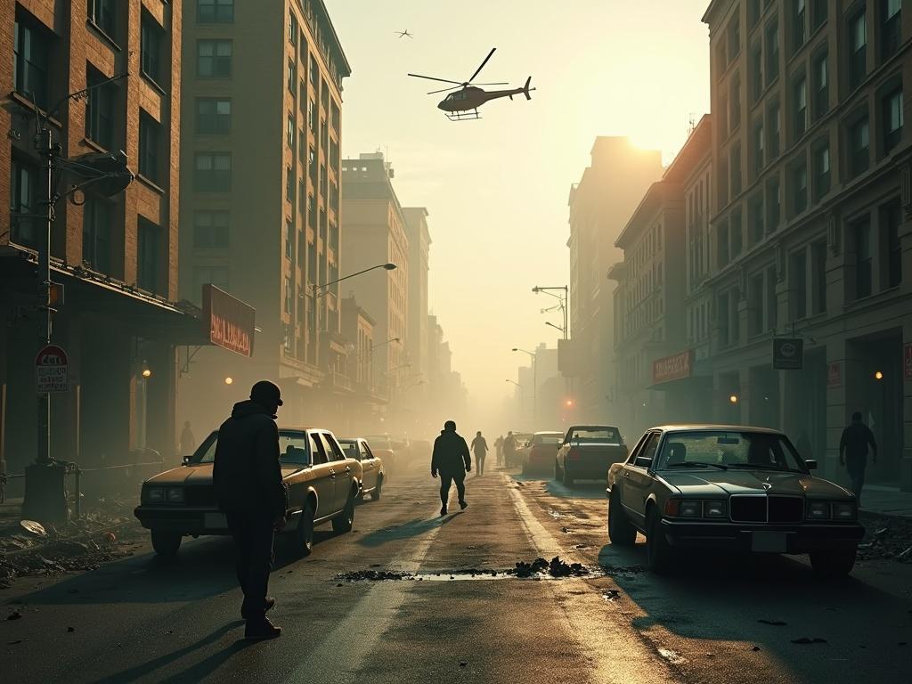 Desolate city street with crashed cars and smoke. Zombie horde in the foreground. Helicopter hovering above. Dim sunlight breaking through.