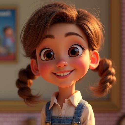 A cheerful animated girl with pigtails in a playful setting. Bright colors and happy expression. Digital art style, inspired by Pixar.