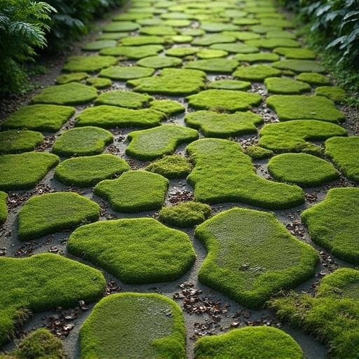 Pavement stones covered with lush green moss create a unique pattern. The stones vary in shape and size. The picture captures a serene pathway lined with moss. Surrounding ferns provide a natural ambiance. Soft natural light illuminates the scene.