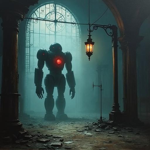 A gothic train station shrouded in mist. A towering robot figure stands nearly hidden in darkness. The robot glows faintly crimson from its chest. The ground is covered with shattered glass from a broken clock. A solitary broken lantern swings, casting eerie shadows. The atmosphere is thick with decay and mystery.