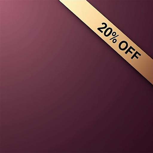 Premium minimalist promotional graphic. Straight horizontal ribbon badge across top-right corner. Deep plum or muted gold color. Clean sans-serif, small caps text. Main line displays '20% OFF' in bold, larger size. Subtext includes 'Your First Order' and 'Limited Time Only!' in smaller size. Inspired by modern typography styles. Matte finish with subtle shadow for depth. Flat, minimal style, clean lines. Overall design is clean, premium, understated, enhancing layout without overpowering visual.