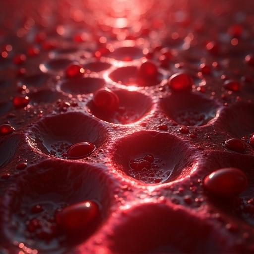 Surface with grooves filled with blood. Red liquid droplets reflecting light. Close-up macro view of blood flow. Textured background highlighting veins and blood.