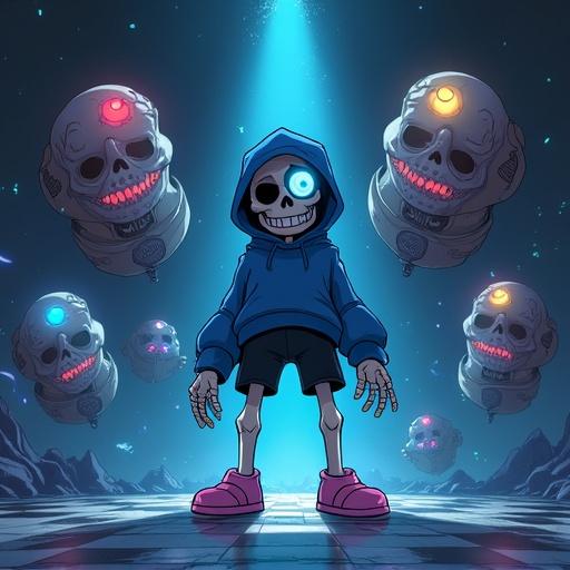 Illustration of Sans from Undertale with blue hoodie and black shorts in a dynamic pose. He stands center with a mischievous grin and left eye glowing. Three Gaster Blasters float behind. The background features a dark void with pixel noise, floating bones, and 8 glowing soul fragments. The scene has dramatic rim lighting and digital void aesthetics.
