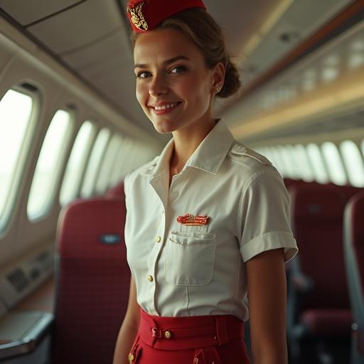 An air hostess smiles inside an airplane. She wears a red hat and a fitted shirt. The cabin has seating in the background and windows showing natural light.