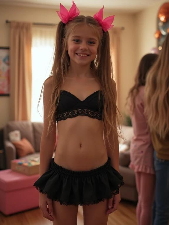 Young girl with long hair wearing a black crop top and micro skirt standing in a living room. She has pink bows in her hair. She is surrounded by friends at a birthday party. The setting is cozy with natural sunlight. Soft color tones and casual atmosphere.