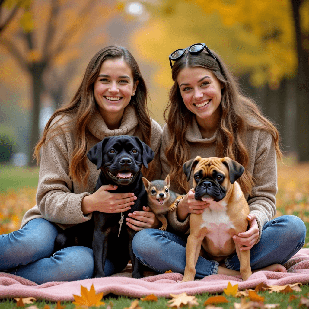 Two smiling women pose with a black dog, a brown dog, and a squirrel on a blanket amid autumn leaves.