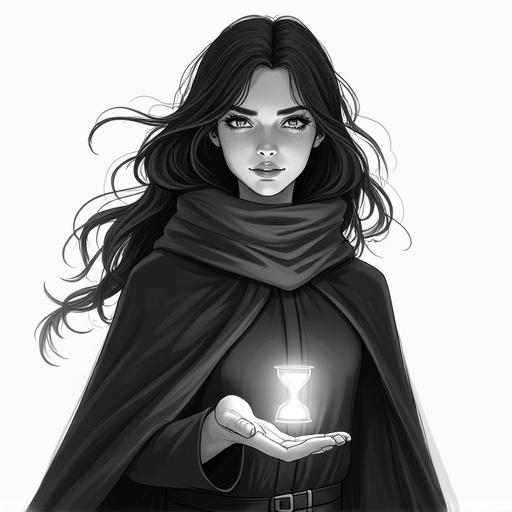 Character named Lyra wears a dark coat and scarf. She holds a glowing broken hourglass in her palm. Her eyes reflect her powers. She embodies calm and kindness but carries sadness. She watches the line between hope and despair, offering new paths to others.