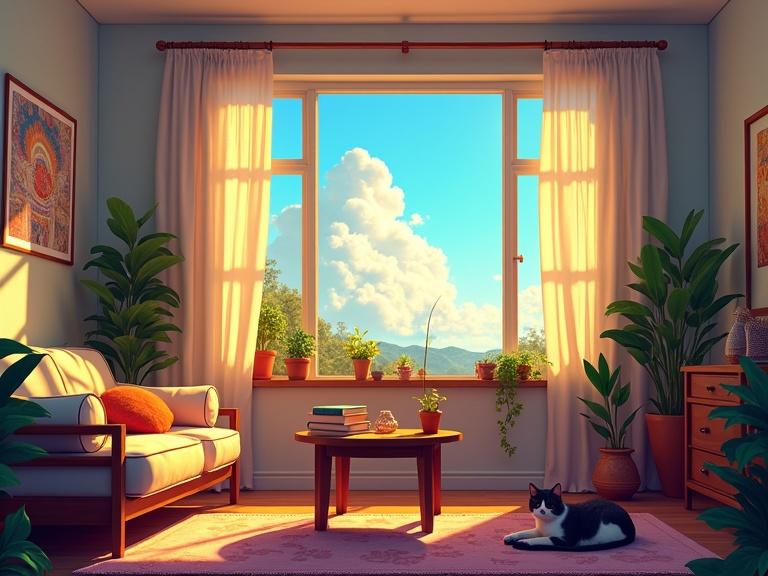 A boho style bedroom during golden hour. Bright blue sky with clear clouds visible through an open window. Soft light warms the room. Indoor plants flourish around. A coffee table with books sits nearby. A cat lazily sleeps on the floor, adding coziness to the scene.