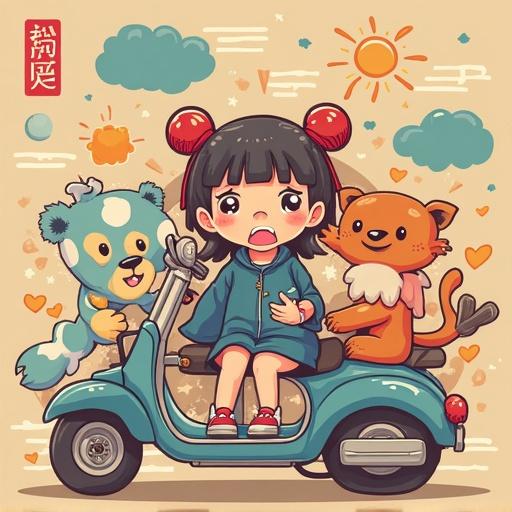 Girl riding a scooter with a bear and fox. Cartoon style illustration filled with pastel colors. Cheerful atmosphere with sun and clouds in the background.