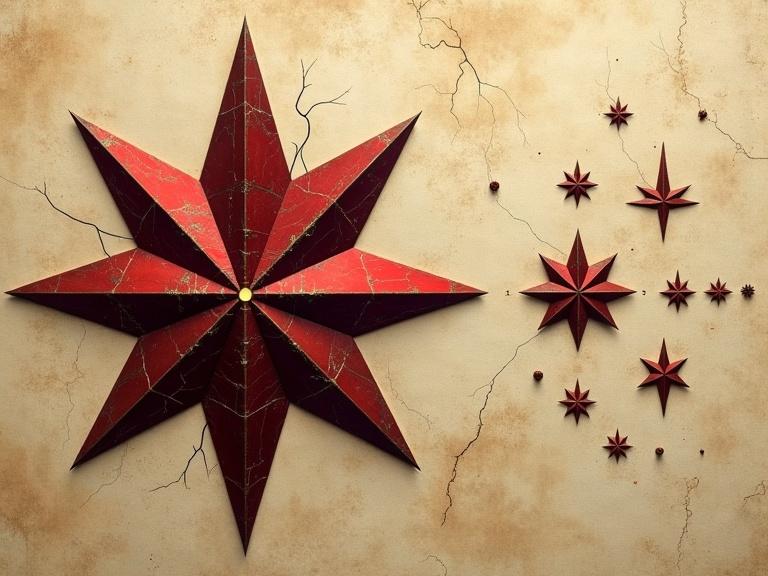 Highly stylized semi-abstract artwork blends medieval heraldry with futuristic elements. Centered on a large eight-pointed star in metallic crimson on a textured parchment background. Subtle glyphs along star edges and a glowing effect suggest mysticism and power. Smaller stars on the right indicate motion. Textured backgrounds resemble weathered stone or vellum. Lighting is dramatic with ambient haze.