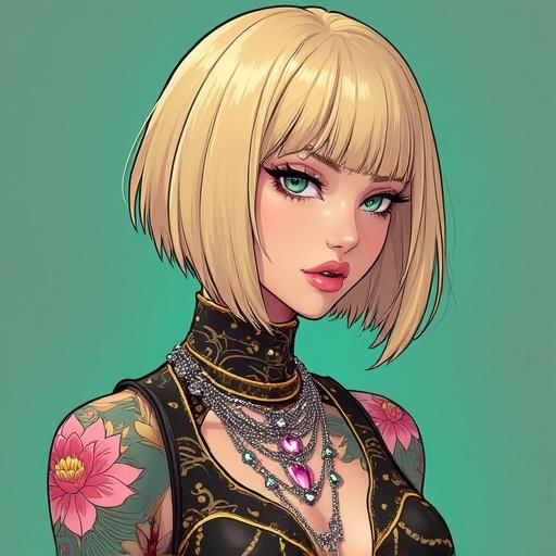 A futuristic anime character with green eyes and a light blonde bob hairstyle. Jewelry includes light pink diamonds. Wearing punk rock streetwear. Modern punk rock music video setting. Features traditional Japanese tattoos and showcases a cybernetic leg.
