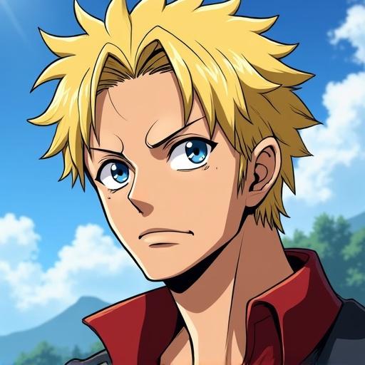 Handsome 18 year old boy with manly face. Blonde hair, athletic build, tall. Blue eyes and sharp facial features in One Piece anime style.
