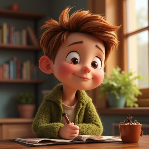 Image features a character inspired by Czesio from 'Włatcy móch' rendered in Pixar-like style. The character is seated at a table with an open notebook and pen, in a cozy indoor setting.