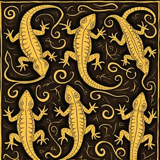 Hyperbolic tessellation of lizards with spiral tails in Poincaré disk style. Golden yellow lizards on dark brown background. Black ink outlines. Medieval border. Hand-drawn look with high contrast. Escher-inspired design.