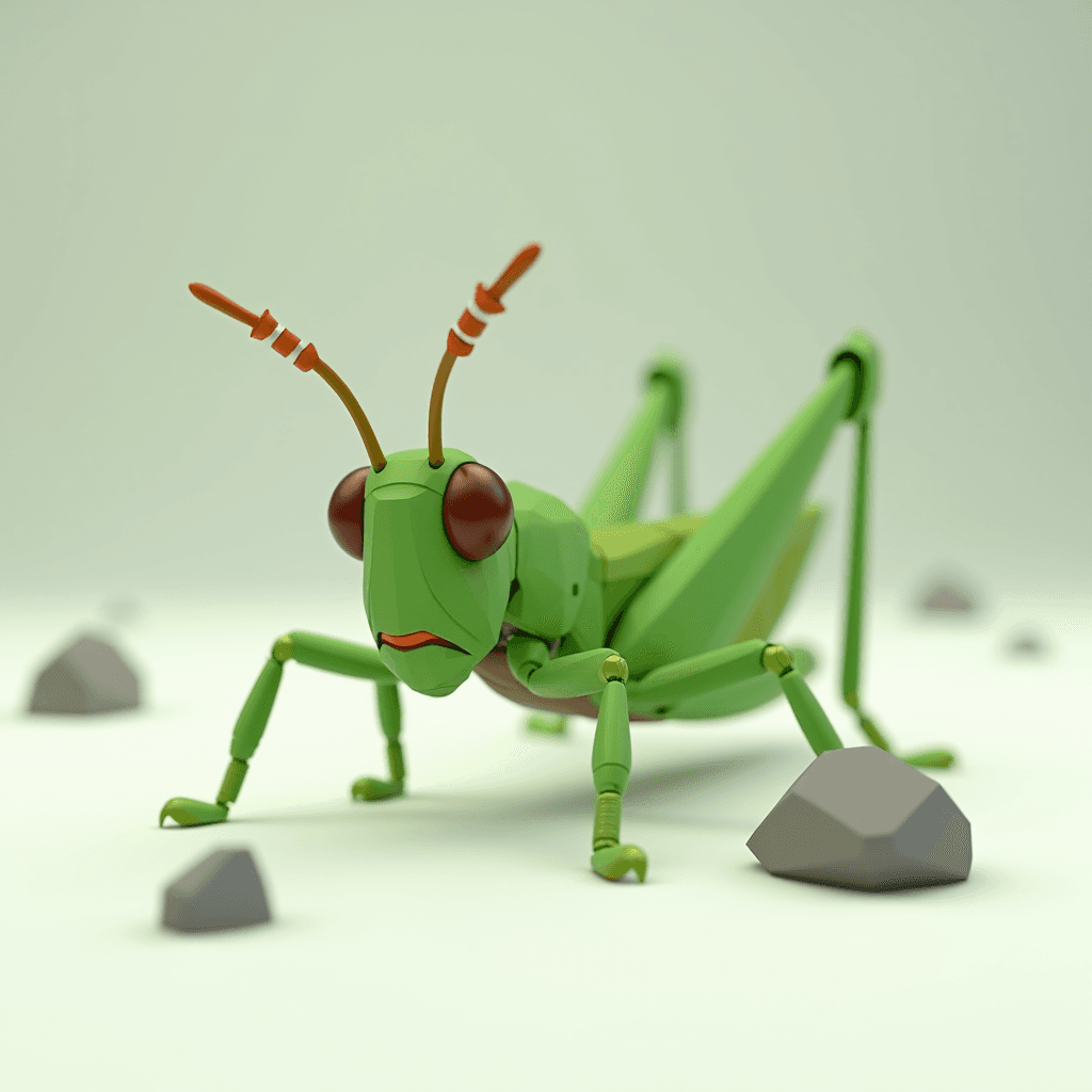 A green, robotic grasshopper stands on a light green surface, surrounded by small rocks.