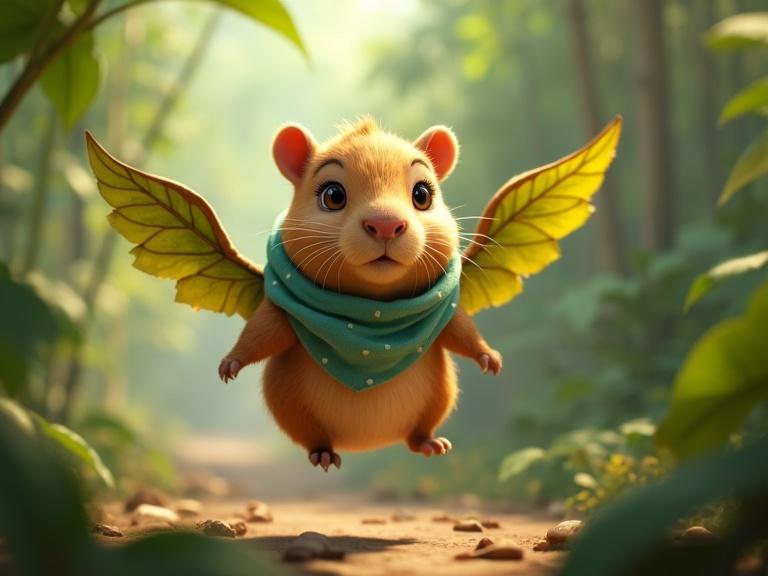 A small cute capybara with golden-brown fur and brown eyes has giant wings made of banana leaves. It balances awkwardly while trying to fly with a light teal scarf. Other jungle animals giggle in the background. The scene is playful and emotional and styled like a Disney Pixar film.