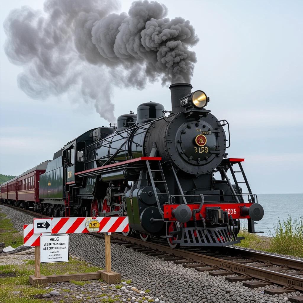 Hyperrealistic photograph of a 1870 steam locomotive crossing a coastal road. Locomotive is a 2-8-0 type. The scene shows a railroad barrier and a plume of steam. Pine forests and distant peaks are blurred in the background. Strong focus on details like rivets and boiler textures. High dynamic range capturing light on brass fittings.