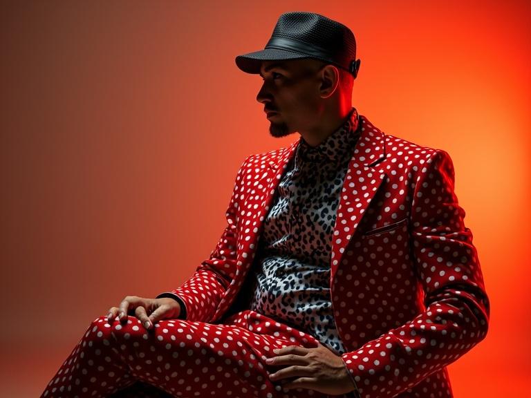 Professional studio setting with a model wearing a vibrant polka dot suit. The suit includes red and white polka dots with a leopard print shirt. The background has a warm gradient. Focus on luxurious textures and intricate patterns. The lighting is warm and inviting. The model sits confidently, showcasing the fashion design.