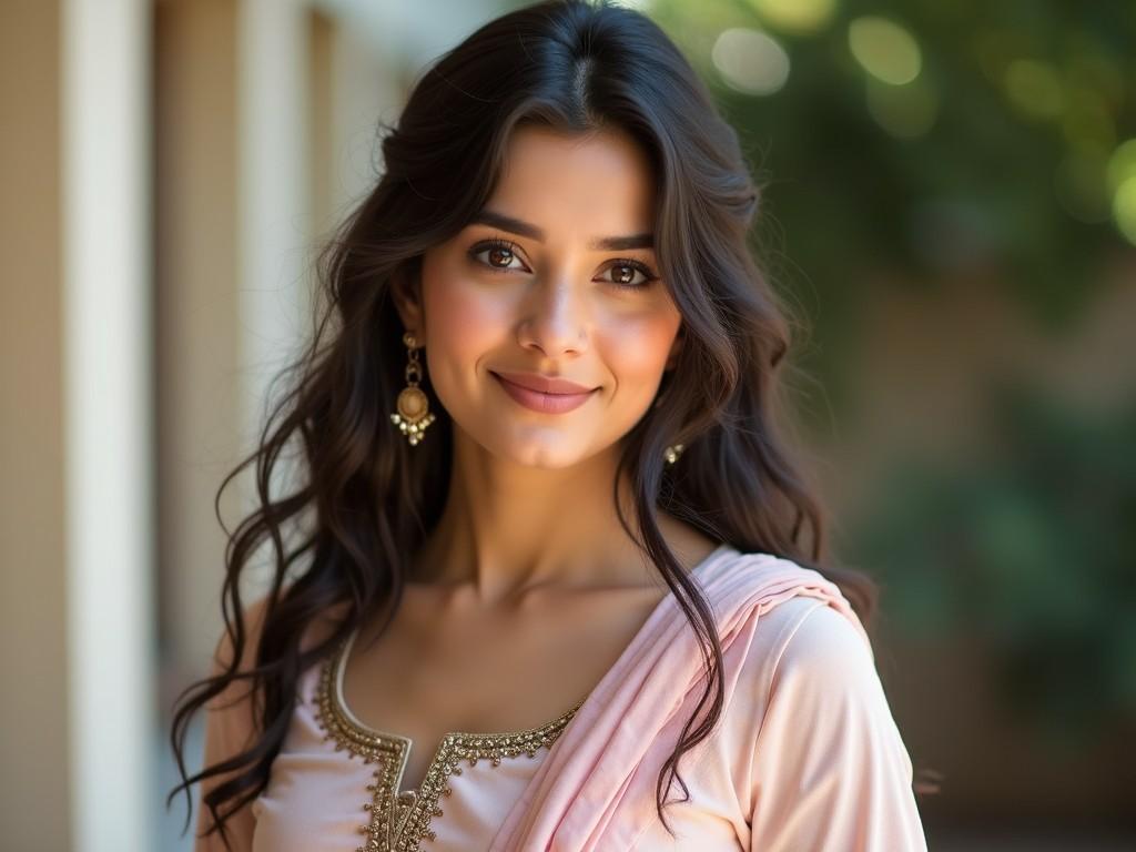 The image features a woman with wavy, dark hair cascading over her shoulders. She is wearing a traditional outfit with intricate gold embroidery, and her earrings are golden with a delicate design. The background is softly blurred with hints of greenery, providing a serene and natural ambiance.