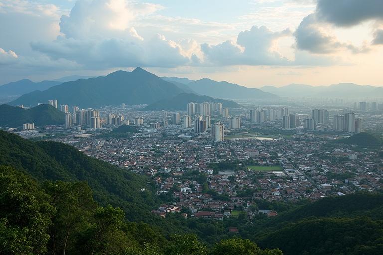 View of a city from a high vantage point. Mountains in the background. Urban development visible. Natural surroundings.