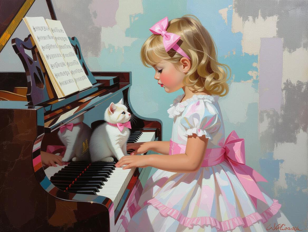 A little girl in a white and pink dress sitting at a Steinway piano. She plays music with a white kitten beside her. The scene is whimsical and heartwarming, inspired by various well-known artists.