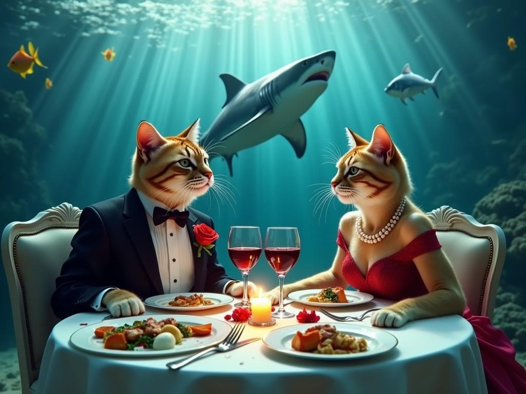 Two elegantly dressed cats are sitting at a lavish dining table, submerged underwater. One cat is wearing a tuxedo with a rose pinned to it, while the other is in a beautiful red dress adorned with pearls. They are enjoying a romantic dinner with various gourmet dishes spread on the table, alongside glasses of red wine and a lit candle. A large shark is majestically swimming behind them, its mouth wide open, adding an unexpected twist to the serene ambiance. The light from above creates beautiful rays, illuminating the scene with blues and greens from the underwater world. Small fish can also be seen swimming around, enhancing the lively underwater atmosphere.