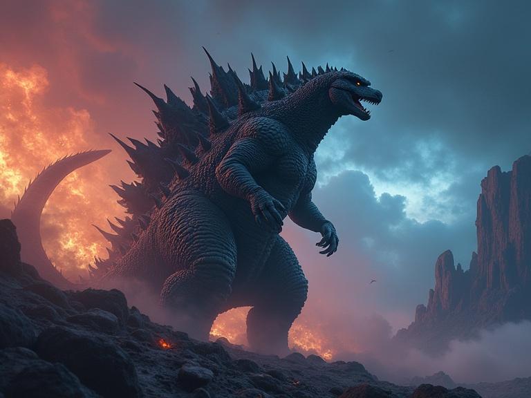 A massive creature emerges amidst fiery landscapes. Towering monster with spikes on its back. Dramatic atmosphere with smoke and contrasting colors. Imposing stance in a chaotic environment.