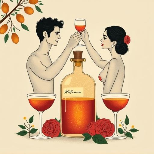 Minimalist screen printing artwork of a toast between a man and woman in an orchard. The man is mid-thirties. He offers a cocktail glass to his topless partner. She has a flower in her hair and a bun. An apothecary bottle filled with glowing elixir is nearby. The bottle has a cork lid and a tag with 'ALFRUNO' written in script. Two cocktail glasses filled with liquid are beside the bottle. Roses and herbs surround the bottle. Background is beige. Artwork displays fantasy and nostalgia. Simple and bold strokes, minimalist style, aligned to golden ratio.