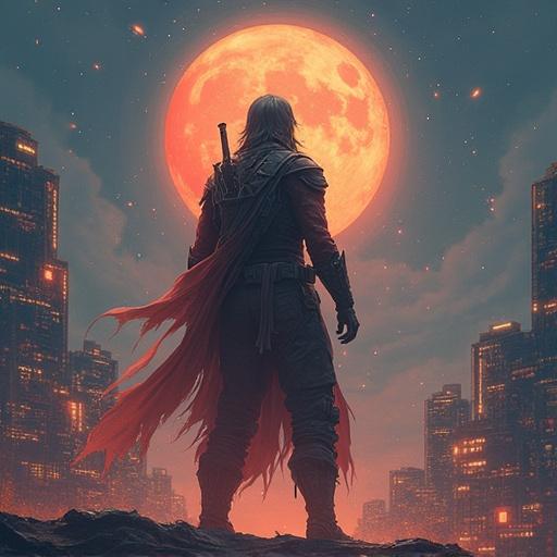 Nighttime cityscape with a character silhouetted against a large red moon. Focus on a futuristic building partially transparent showing inner layers like offices, a plant factory, and a luxury hotel with rooftop gardens and solar panels.