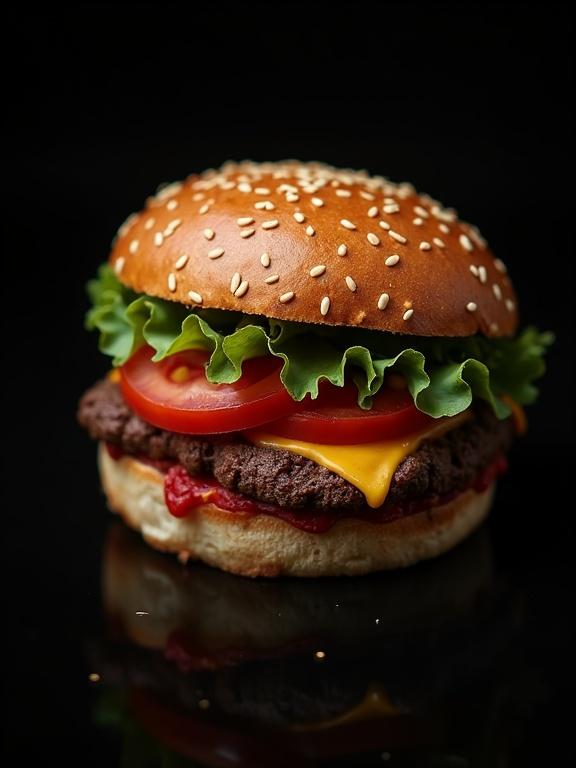 A detailed close-up of a burger with sesame seed bun, lettuce, tomato, and cheese on a black background.