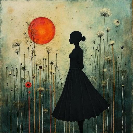 Abstract representation featuring a dark silhouette of a figure among wildflowers. Background with muted yet verdant colors creates an enigmatic atmosphere. Art style incorporates collage and thread embroidery.