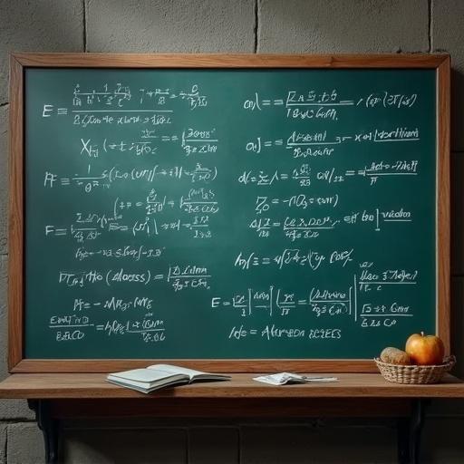 A chalkboard filled with various physics equations displayed in neat handwriting. A wooden table is in front with an open book and some fruit. The atmosphere suggests a classroom or study environment.