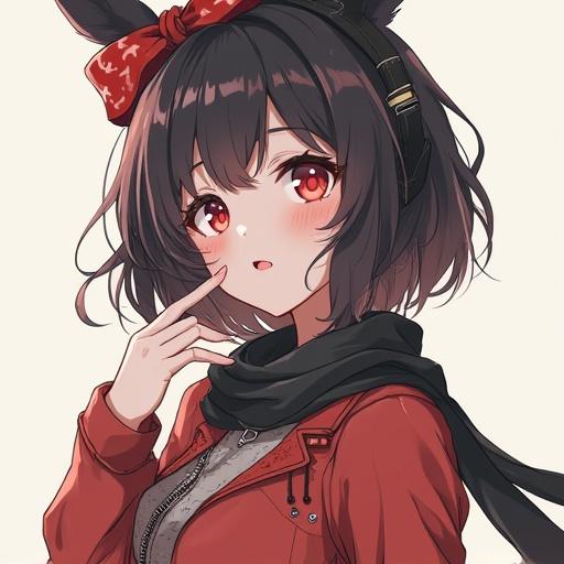 Anime teenage girl with brown hair and red eyes. Wearing a red jacket and black scarf. Has a red hairband and playful expression. Background is neutral color to showcase character.