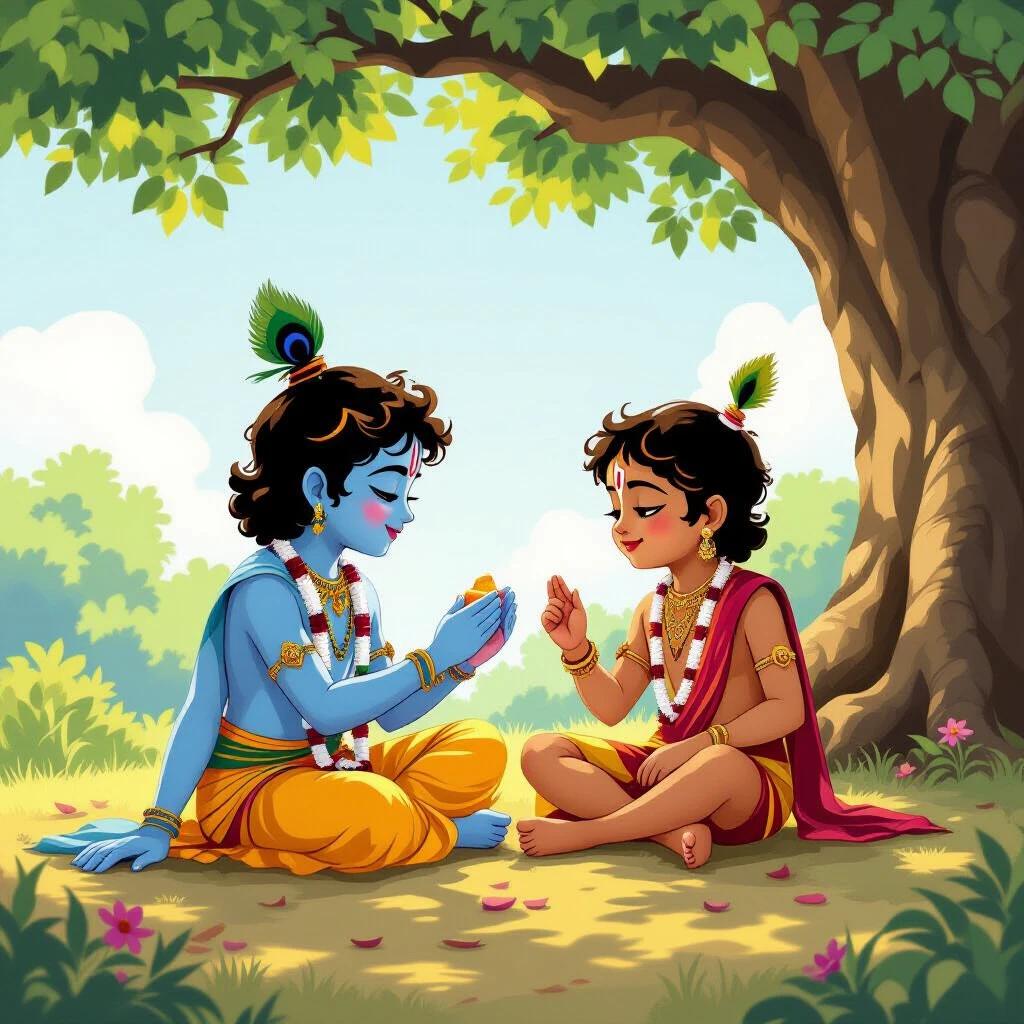 Young Krishna and his friend Sudhama playing together in a mythological setting under a tree. Bright colors and cheerful atmosphere highlight their friendship.