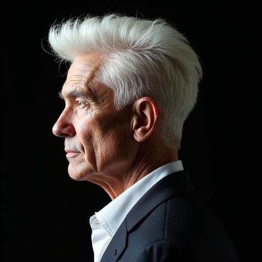 A close-up portrait of an older individual with white hair styled in a modern way. Short faded sides and longer textured top swept back. Dark suit jacket over white dress shirt. Dark background with dramatic lighting that highlights hair and shoulders.