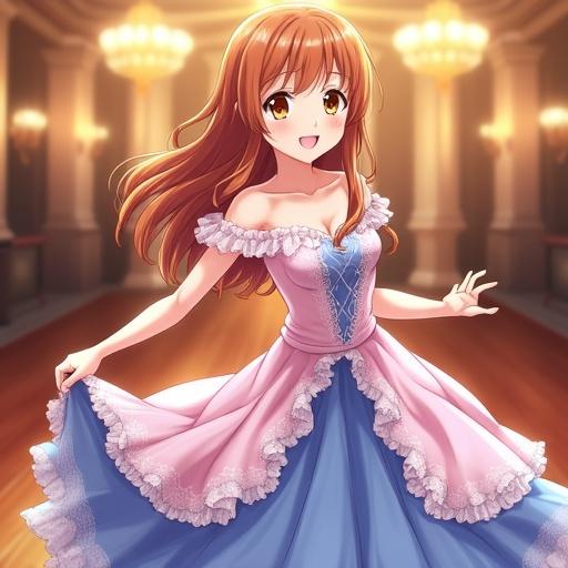 Character wearing elegant ballroom gown. Long chestnut brown hair styled in soft curls. Smiling with joy and confidence. Flowing floor-length gown in pastel pink or royal blue. Off-shoulder bodice and layered flared skirt. Posing mid-dance in grand ballroom. Glowing chandeliers and soft golden light.