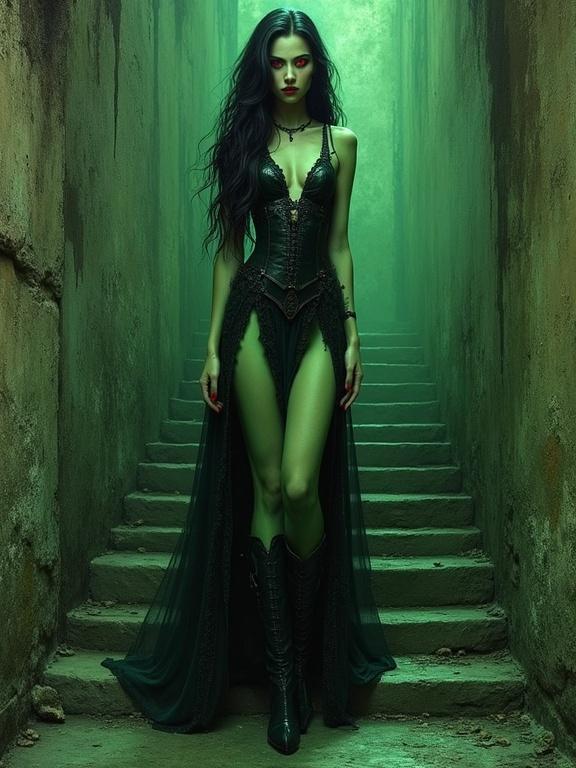 Hyperrealistic photography of a glamorous vampirella with long black hair and red eyes in a green atmosphere. She stands confidently on stone stairway, wearing a striking outfit that combines elegance and horror. The lighting adds a mysterious glow to the scene.